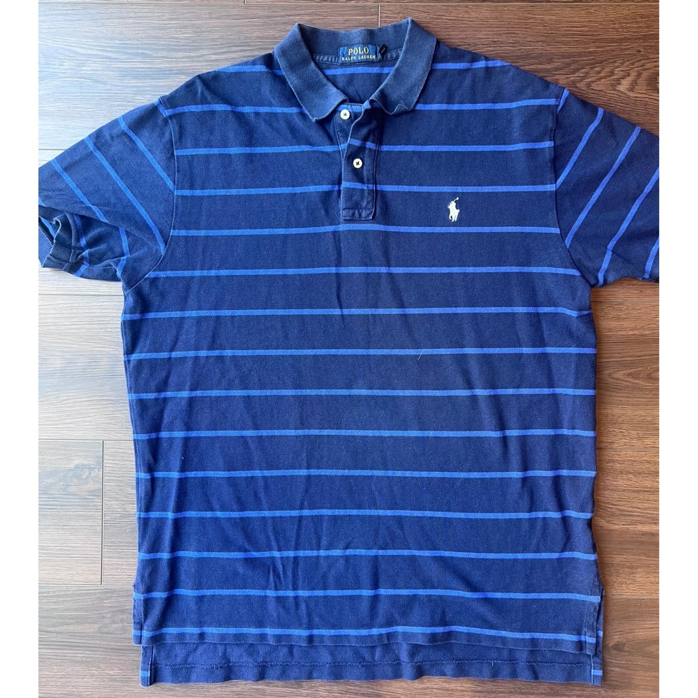 Polo Ralph Lauren Men XL Navy Blue Striped Pique Cotton Short Sleeve Polo Shirt